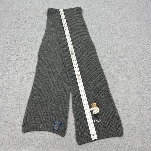Polo Ralph Lauren Scarf Mens OS Gray Fancy Martini Bear Wool Cotton Knit Ribbed - Picture 4 of 7
